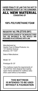 Recalled Quality Foam mattress tag